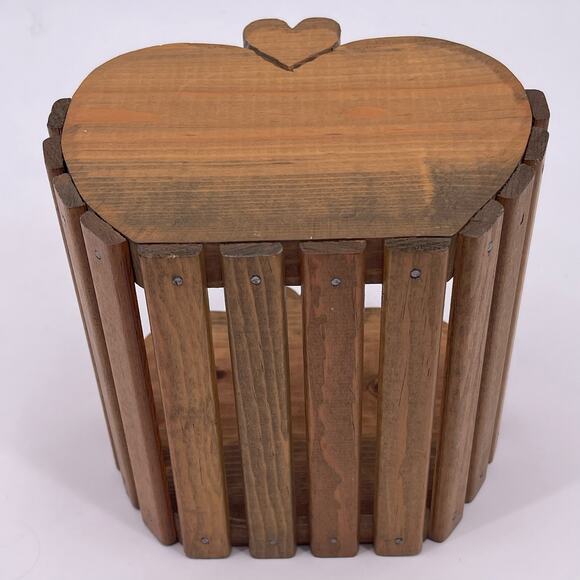 Handmade Decorative Wooden Basket Apple Shaped Storage Box Heart Stem 6 inch - Picture 10 of 11